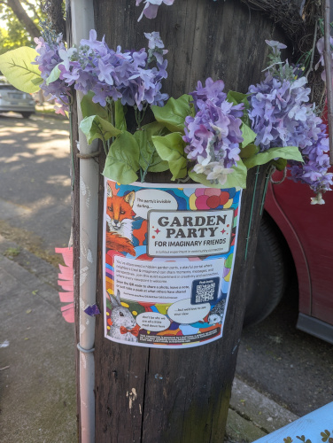 Illustrated event poster for 'Garden Party for Imaginary Friends' featuring a fox with a speech bubble that says, 'The party’s invisible darling…'. The background includes bright abstract shapes and text describing the event as a curious experiment in community connection.