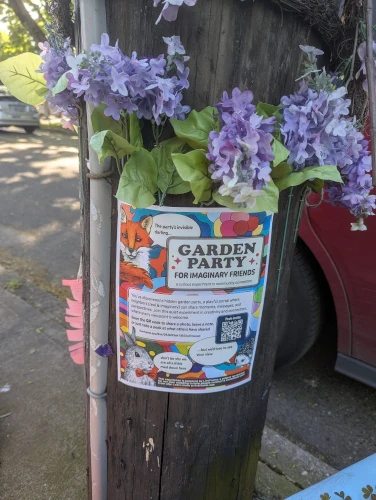 Illustrated event poster for 'Garden Party for Imaginary Friends' featuring a fox with a speech bubble that says, 'The party’s invisible darling…'. The background includes bright abstract shapes and text describing the event as a curious experiment in community connection.