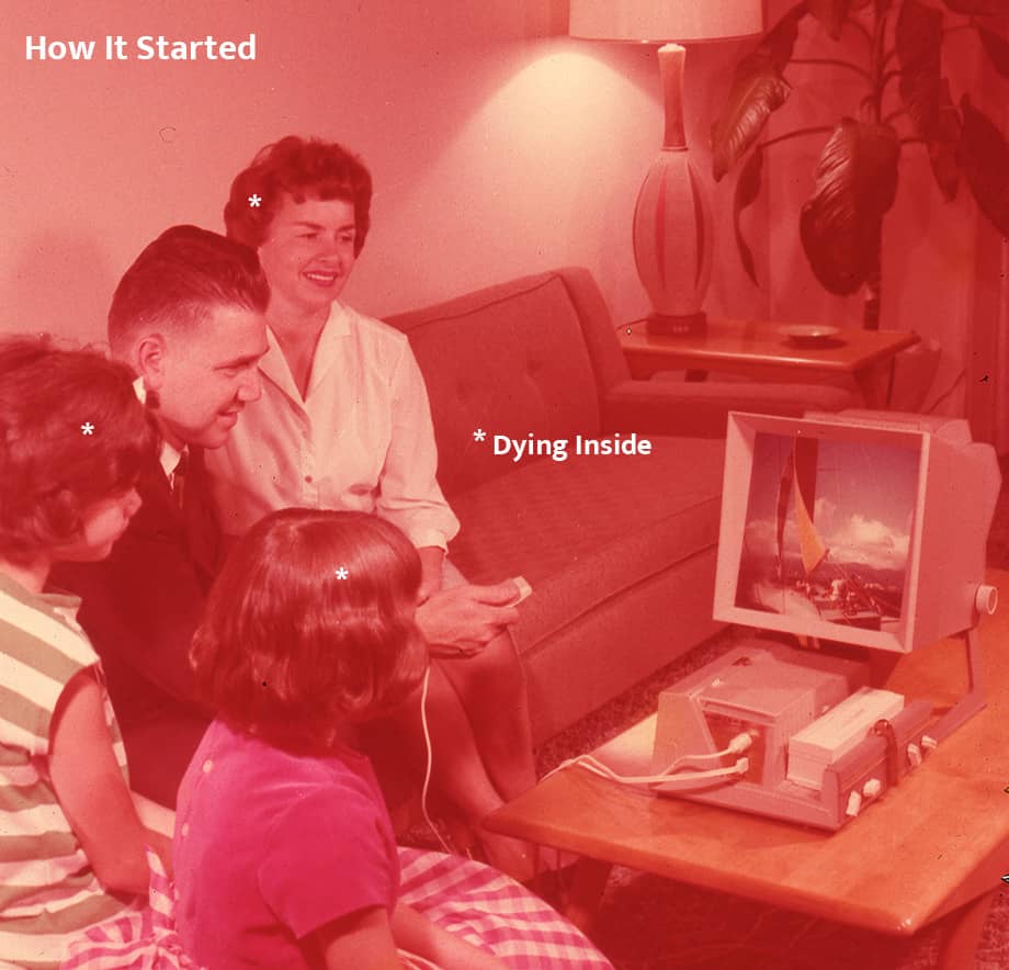 A red-tinted vintage photo shows a smiling family watching a computer displaying a sailboat. each person has an asterisk on their head, with an asterisk saying "Dying Inside" near the screen.